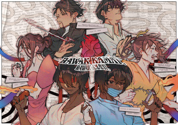 Hawak Kamay (2022) is a politically charged digital illustration made for Life and Works of Rizal, wherein it commentates on the past and present struggles that Filipinos consistently go through by relating this phenomenon through the five senses.