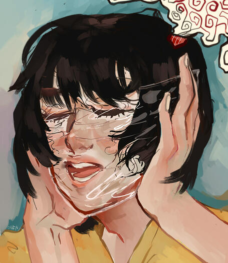 Self Preservation (2020) is a semi-realistic self portrait showing how one forces to suppress the expression of emotion in order to 'preserve' one's composure or sense of self.