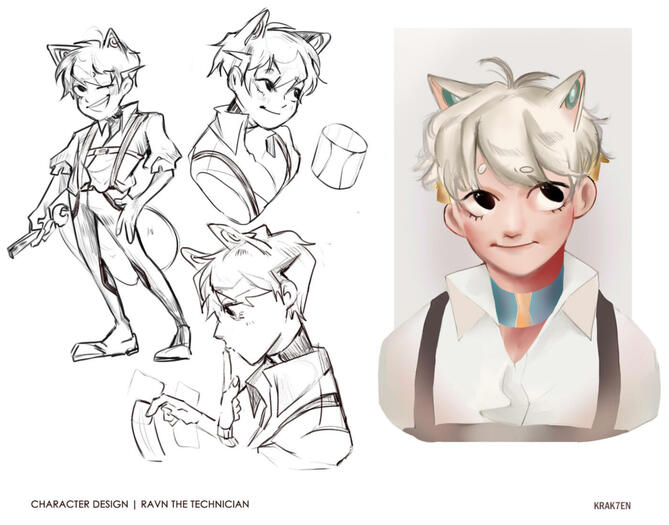 Ravn the Technician (2020) is a personal character for a future project. This character style is heavily experimental, as this serves to push the limits of lineless designs mixed with slightly realistic shading and simpler body and face language.